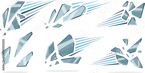 Dynamic shattering fragments illustrating high-speed impact and destruction. Abstract vector elements of broken glass or ice