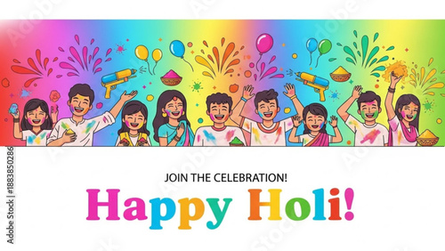 Happy Holi celebration with diverse people playing with colors and water guns vector illustration for festival greeting cards and social media banners