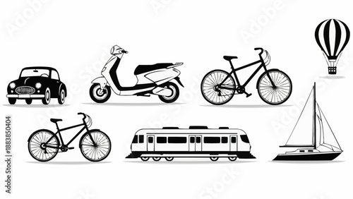 Collection of diverse transportation vehicles and modes.