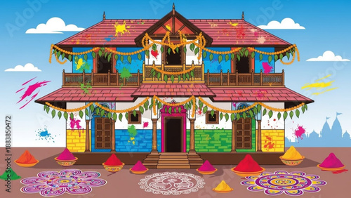 Traditional Indian house decorated for Holi festival with colorful powder paints and rangoli designs celebrating joy and festivity