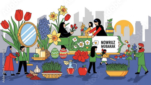 Nowruz Mubarak celebration with family traditional spring holiday symbols and blooming flowers vector illustration for festive greeting cards and cultural events