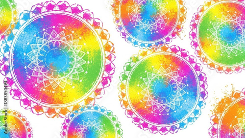Colorful mandala patterns with intricate lace edges vibrant tie-dye effect and rainbow gradient perfect for festive backgrounds and creative designs