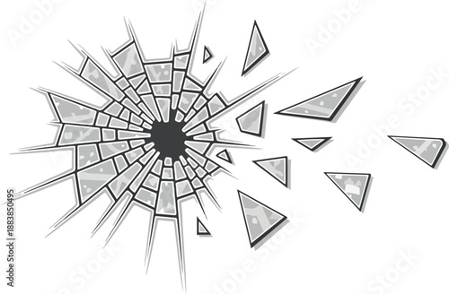 Abstract illustration depicting a powerful impact causing glass to shatter into numerous sharp fragments
