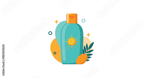 A flat design illustration of a bottle of sunscreen for summer skin protection with decorative abstract shapes.