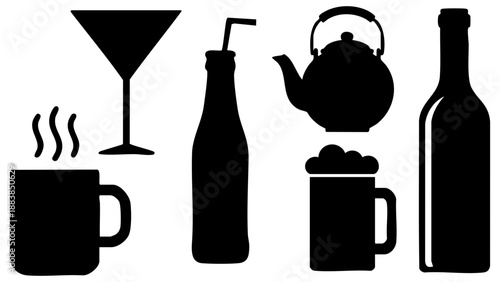Assorted beverage icons isolated on transparent background, Vector