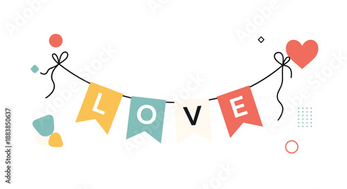 A cute party garland with colorful flags spelling out the word LOVE decorated with a heart and abstract shapes.