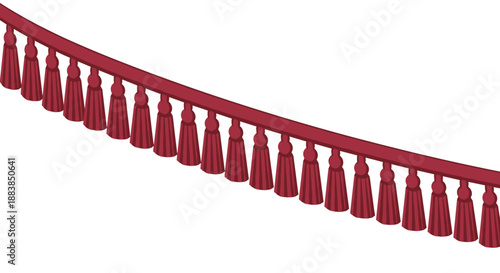 Elegant red tassel trim isolated on white background, featuring a detailed pattern of hanging tassels in a curved arrangement, perfect for decorative projects