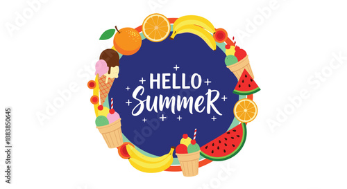 A round summer-themed frame with the words 'Hello Summer' surrounded by ice cream cones and various fresh fruits.