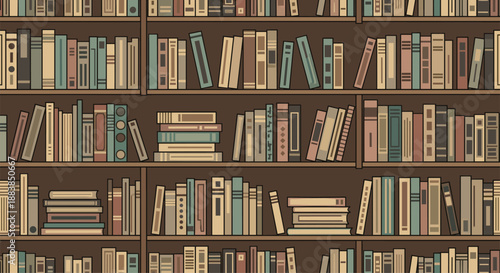 A seamless background pattern of a cozy library or bookstore with bookshelves completely filled with old vintage books.
