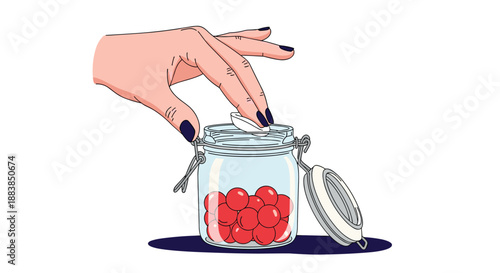 A woman's hand with dark nail polish opening a glass clamp jar filled with round red candies on white background.