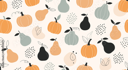 A cute and seamless autumn pattern with hand-drawn pumpkins and pears on a light background with abstract doodle marks.