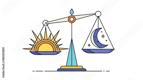 Sun and moon on scales representing balance of day and night conceptual illustration for time equilibrium and nature themes isolated on white