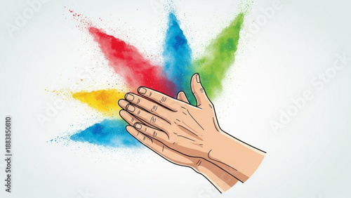 Hands clapping with colorful powder explosion symbolizing celebration and Holi festival isolated on white background