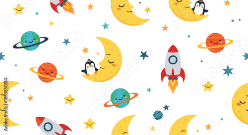 A cute and seamless outer space pattern with sleeping penguins on the moon rockets and smiling planets for children.