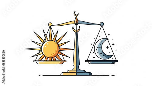 Sun and moon balanced on scales representing day and night equilibrium conceptual vector illustration for time balance and nature themes