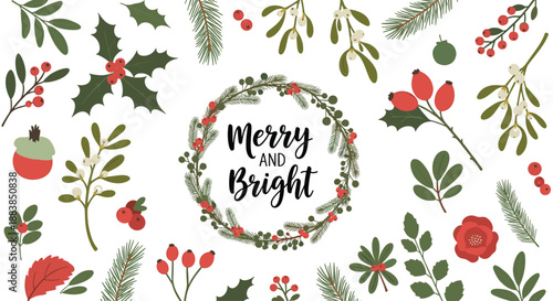 Christmas greeting card design with a central wreath and Merry and Bright text surrounded by various winter botanicals and berries.