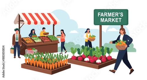 An illustration of a bustling outdoor farmer's market scene with people buying fresh organic vegetables from a local stall.