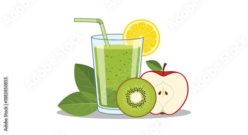 A refreshing green smoothie in a glass with a straw garnished with a lemon slice next to a kiwi and a red apple.