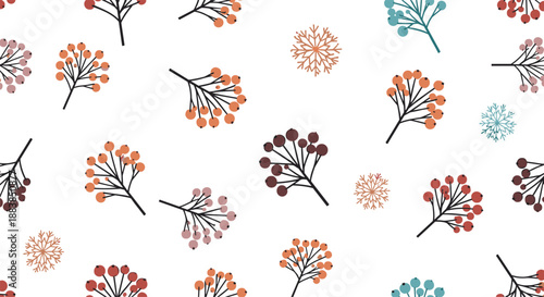 A seamless winter pattern with stylized colorful branches of berries and delicate snowflakes on a clean white background.