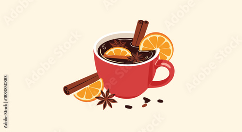 A festive red mug of warm mulled wine garnished with orange slices cinnamon sticks and star anise for the winter holidays.