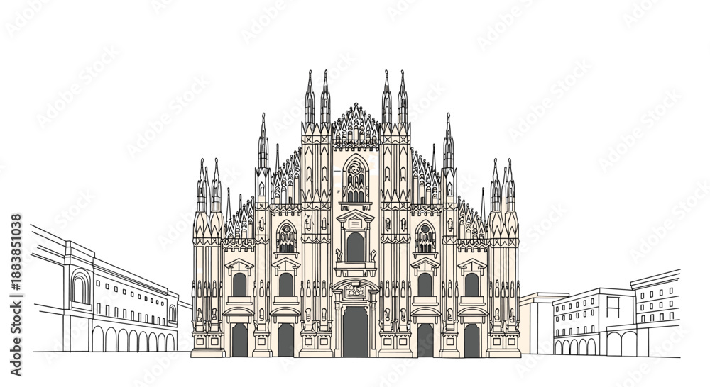 Naklejka premium A detailed architectural sketch of the famous Milan Cathedral Duomo di Milano in Italy with its intricate gothic spires.