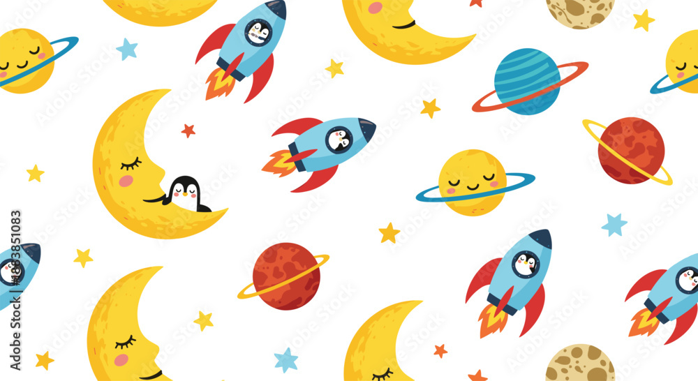 Obraz premium A cute and whimsical seamless nursery pattern featuring penguins sleeping on crescent moons with rockets planets and stars.