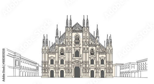 A detailed architectural sketch of the famous Milan Cathedral Duomo di Milano in Italy with its intricate gothic spires.