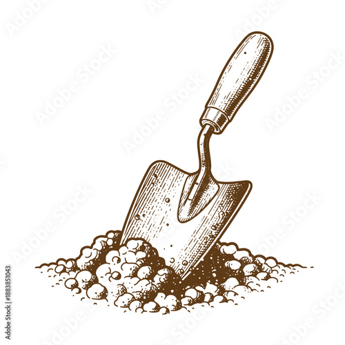 Drawing Vintage grunge  texture trowel with handle stuck in pile of soil and small rocks for gardening or construction work on white background