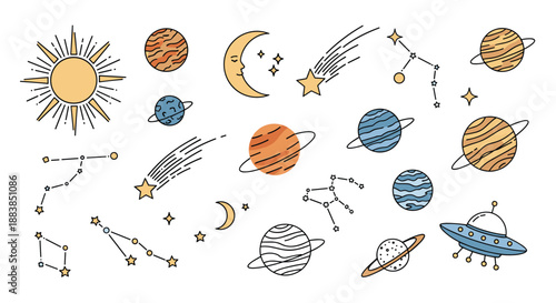 A celestial collection of hand-drawn space elements including planets stars constellations and a UFO in a doodle style.