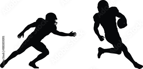 American football player silhouettes illustration, running and tackling action poses, sports competition concept, athletic motion graphic, isolated background