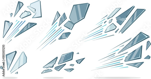Dynamic shattered glass fragments with motion lines, symbolizing impact and explosion effects. Abstract vector collection