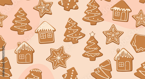 A festive seamless Christmas pattern with decorated gingerbread cookies in the shape of houses trees and stars.