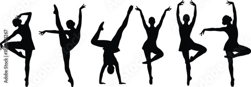 Collection, of, black, silhouettes, featuring, female, ballet, dancers, and, gymnasts, in, various, graceful, artistic, and, athletic, poses, for, performance, design.