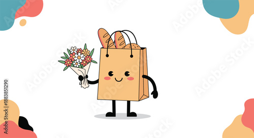 A cute shopping bag character holding a bouquet of flowers and bread against a background with colorful abstract shapes.