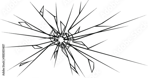 Abstract graphic showcasing a powerful impact point causing intricate shattered glass patterns, perfect for dramatic visual effects