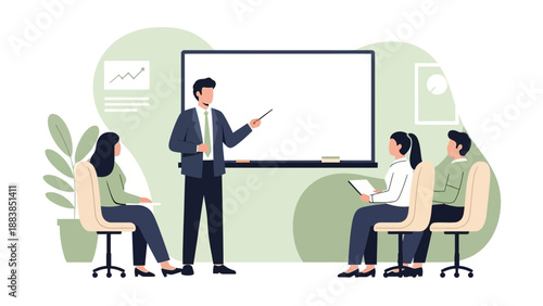 Business Meeting Presentation: Speaker Teaching Colleagues at Whiteboard