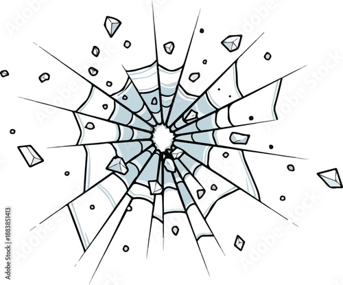 Dynamic illustration of a dramatic broken glass effect, showcasing radial cracks and fragmented pieces spreading outwards from an impact point