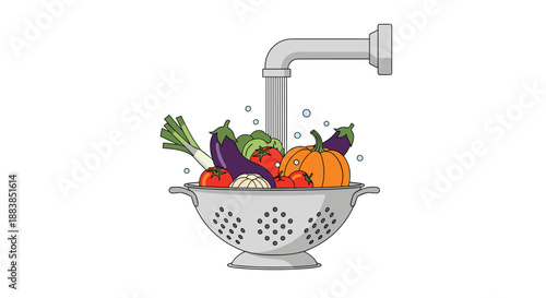 A line art illustration of various fresh vegetables being washed in a metal colander under running water from a tap.