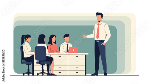 Business Meeting: Speaker Presents to Colleagues at Office Desk