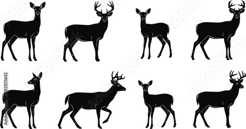 Collection, of, black, silhouettes, featuring, majestic, stags, with, antlers, and, graceful, deer, for, wildlife, nature, hunting, forest, and, conservation, design.
