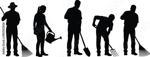 Collection, of, black, silhouettes, featuring, people, gardening, with, tools, like, rakes, shovels, pitchforks, and, watering, cans, for, yard, work, design.