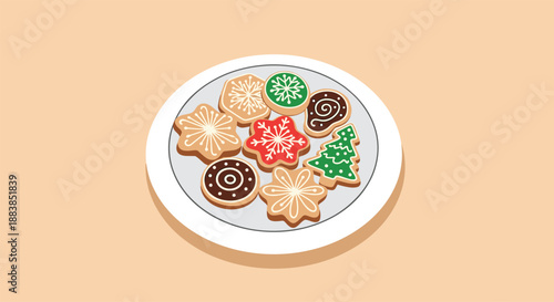 A white plate full of assorted decorated Christmas cookies including snowflakes trees and stars on a warm background.