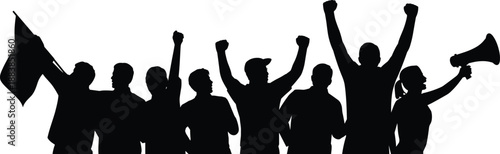 Cheering protest crowd silhouette illustration, people raising fists with flags and megaphone, unity freedom activism concept, social movement vector