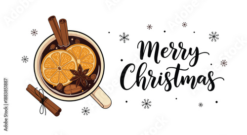 A festive 'Merry Christmas' greeting card design featuring a top-down view of a cozy mug of mulled wine with spices.