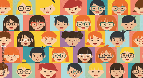 A colorful seamless pattern made of a grid of diverse cartoon children's faces showing happy and winking expressions.