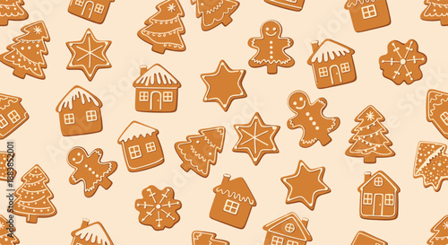 A festive and sweet seamless pattern of assorted Christmas gingerbread cookies like trees houses stars and gingerbread men.