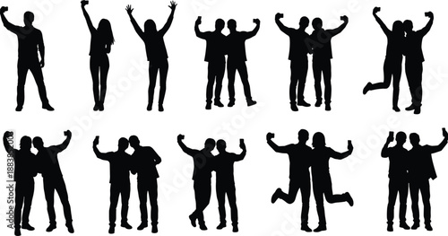 Collection, of, black, silhouettes, featuring, people, taking, selfies, and, photos, with, smartphones, in, various, social, and, expressive, group, poses, for, design.