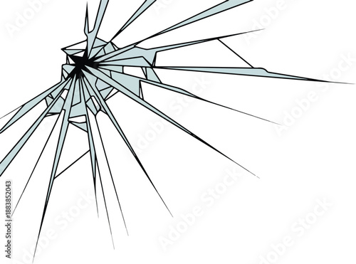 Dynamic illustration of glass breaking, radiating sharp fragments and cracks from a central impact point on a clean background