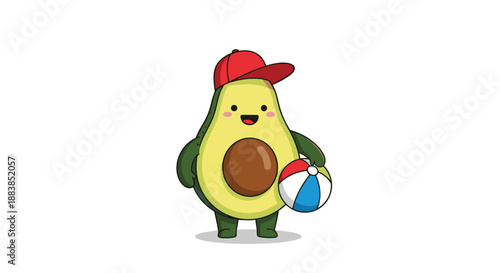 A cute kawaii avocado character wearing a red cap and holding a small beach ball ready for a fun summer day.