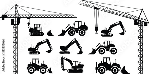 Construction machinery silhouette set with cranes, excavators, loaders and tractors, heavy equipment collection, industrial building illustration